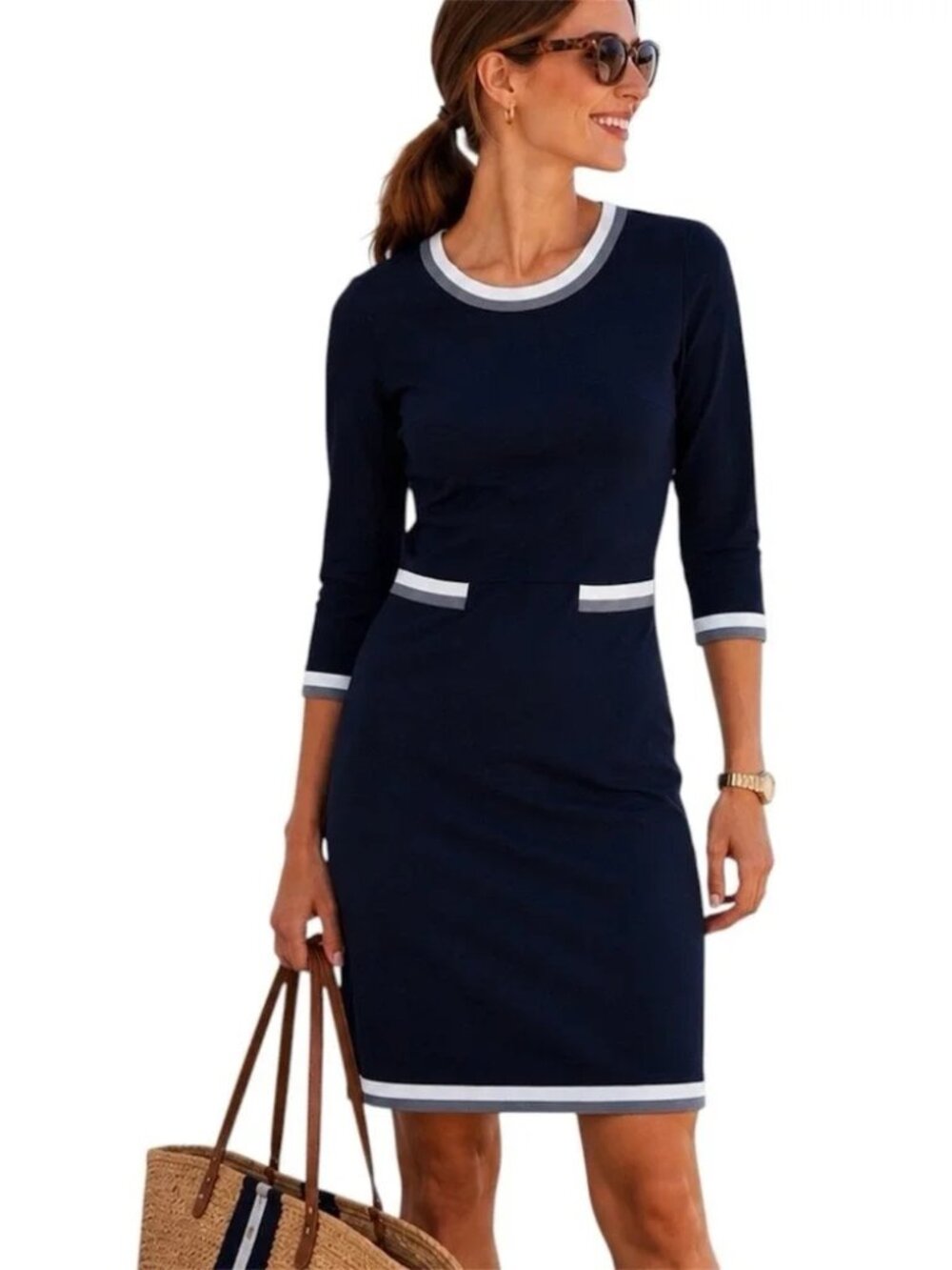 Boden Black Gloria Ponte Contrast Trim Shift Dress 3/4 Sleeve US 6L / UK 10L